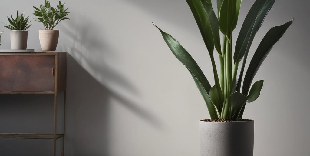 Planta Serpiente (Sansevieria) alta en una maceta de hormigón