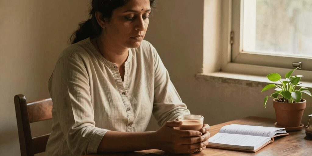 A tired South Asian woman sitting alone with chai, surrounded by signs of over-giving — representing