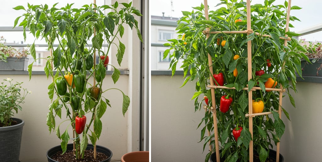 Staked pepper plants in containers