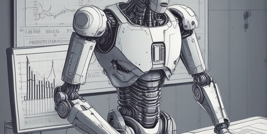 a robot that is standing in front of a computer