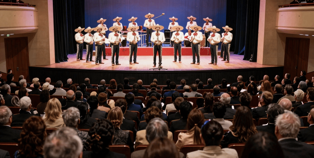 A mariachi musician in a traditional charro suit and sombrero plays a trumpet for a seated theater audience.