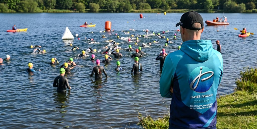 James Oswald Coaching looks out over a lake with Open Water Swimmers and Triathletes