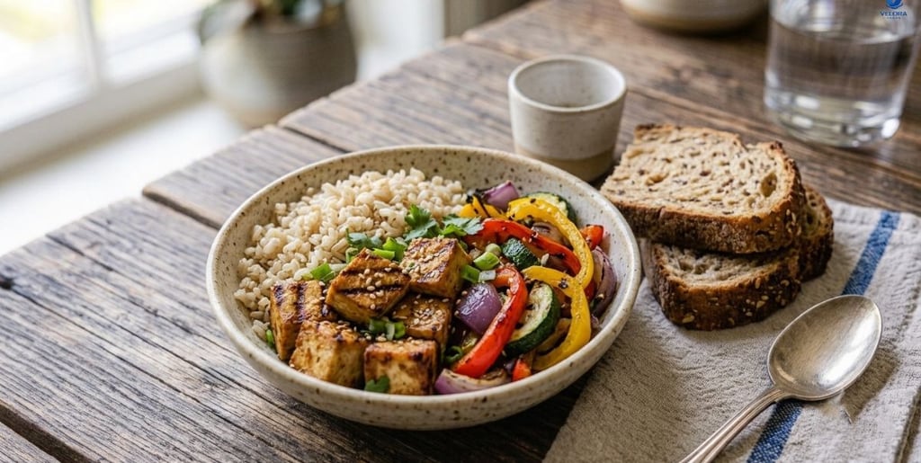 Grilled tofu with vegetables and brown rice as a healthy plant-based protein meal.