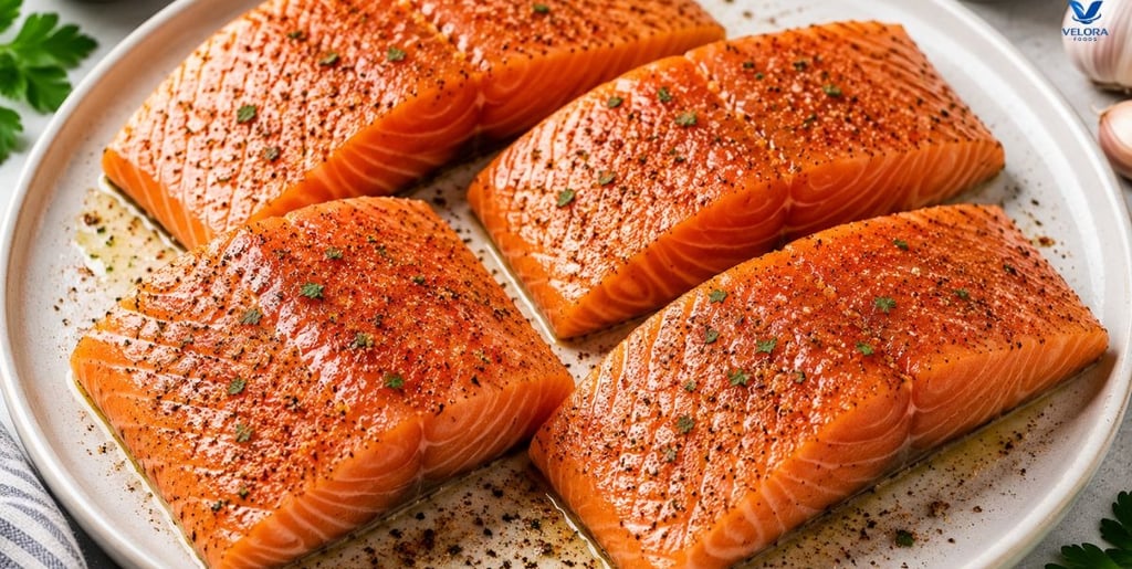 Seasoned salmon fillets ready for cooking.