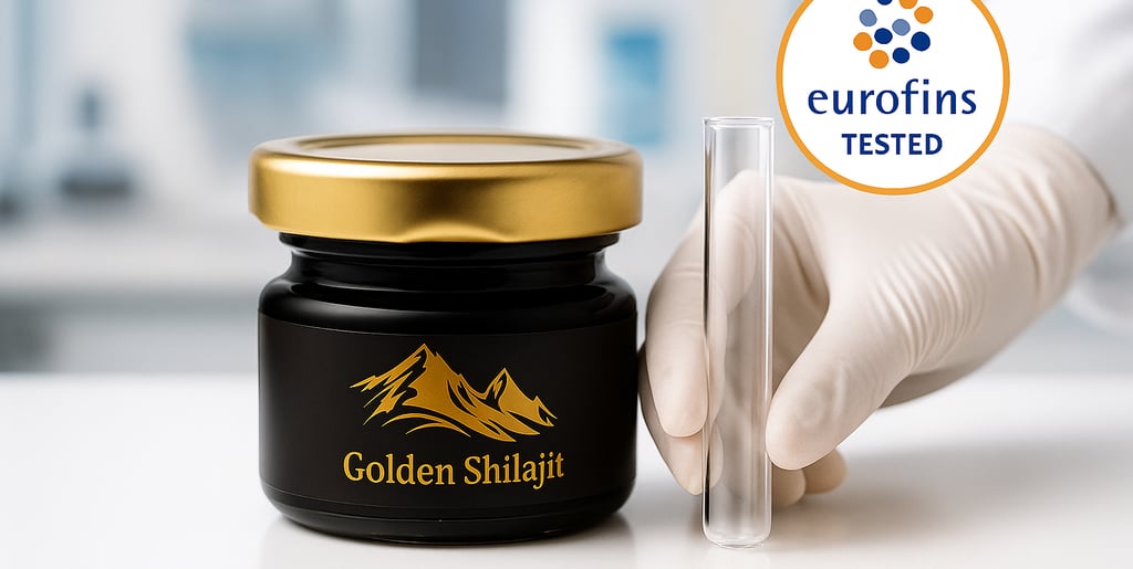 a person in gloves holding a jar of golden shilajit eurofin