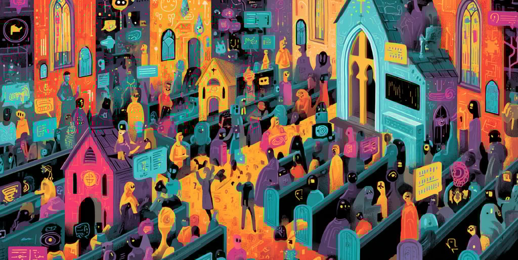 a crowd of people standing around a cemetery