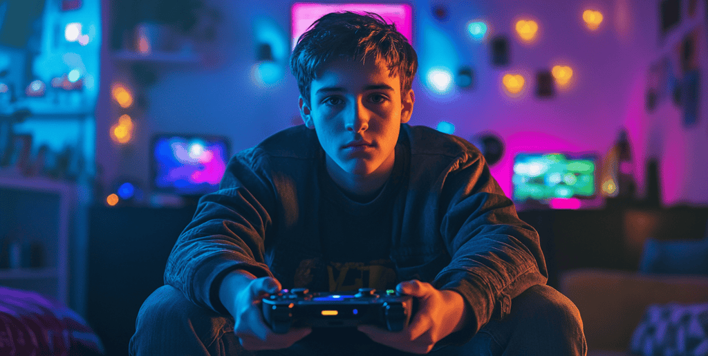 a man sitting on a couch holding a video game controller