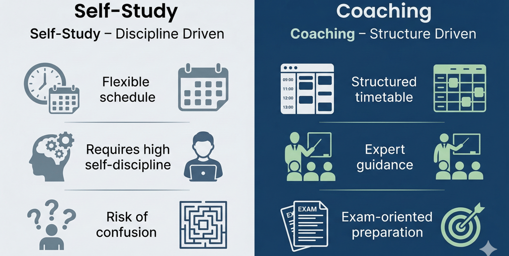 Self-study versus coaching comparison for CA students showing structure, guidance, and discipline di