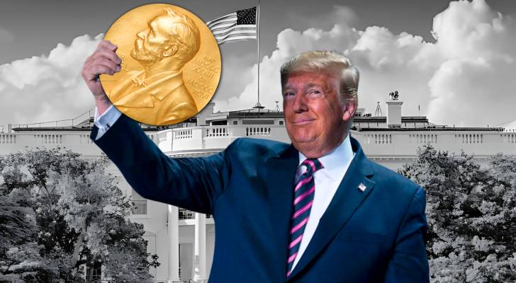Donald Trump smiling with a Nobel Peace Prize medal.