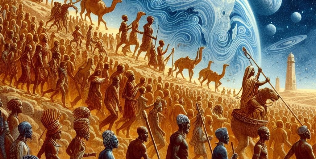 Humanity Migrating during the Ice Age with a frozen Earth in the background