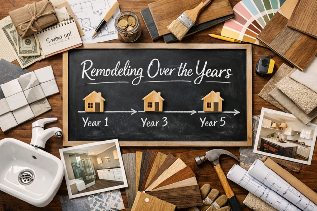 Flat lay of home remodeling planning over time, showing a renovation timeline, saving