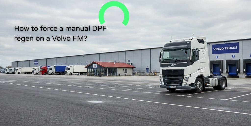 Volvo FM truck parked at a typical UK logistics hub on a cloudy day, professional fleet work setting.