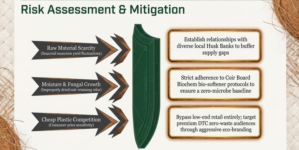 Risk assessment and mitigation flowchart for organic industrial coir production and eco-branding.