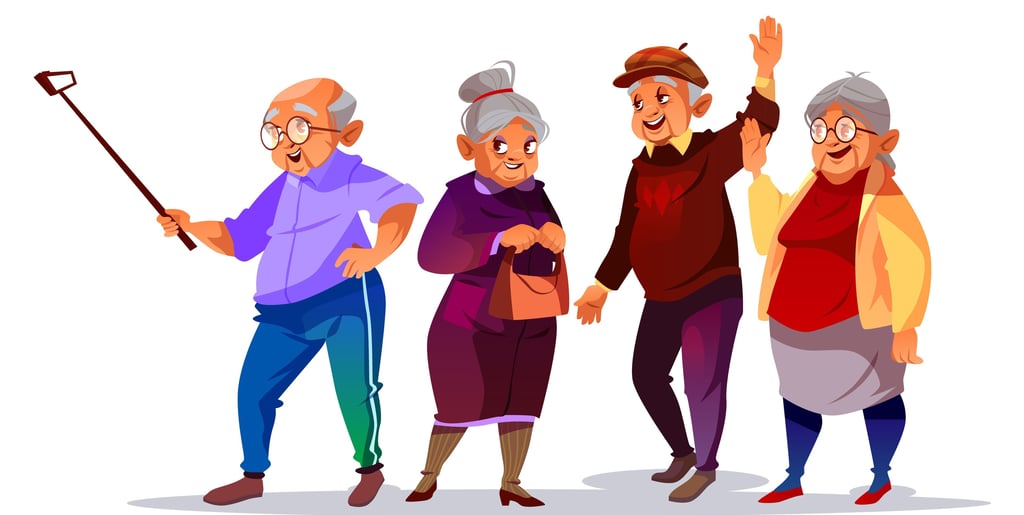 A group of active cartoon senior citizens smiling, waving, and holding a selfie stick.