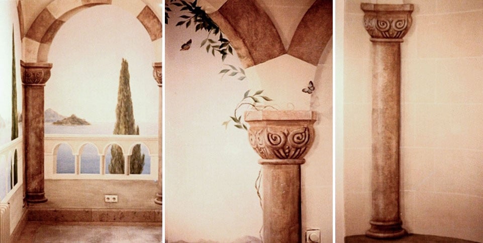Three detailed images reveal Moorish-style trompe l'oeil elements painted into a showroom of boutique tile store