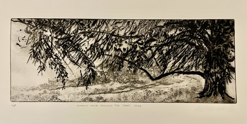 Dumfries House through the trees etching
