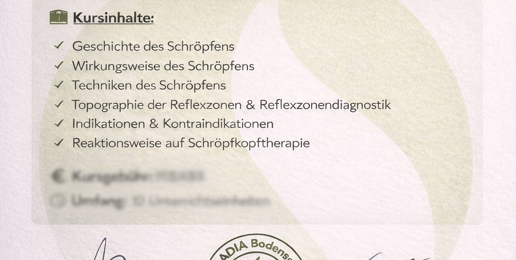 Teilnahmebescheinigung certificate for Rabiye Gül for a Schröpfen spezial cupping therapy seminar at ACADIA Bodensee.