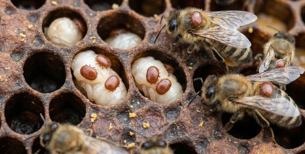 Varroa mites infesting honey bee larvae and adult bees inside a honeycomb hive.
