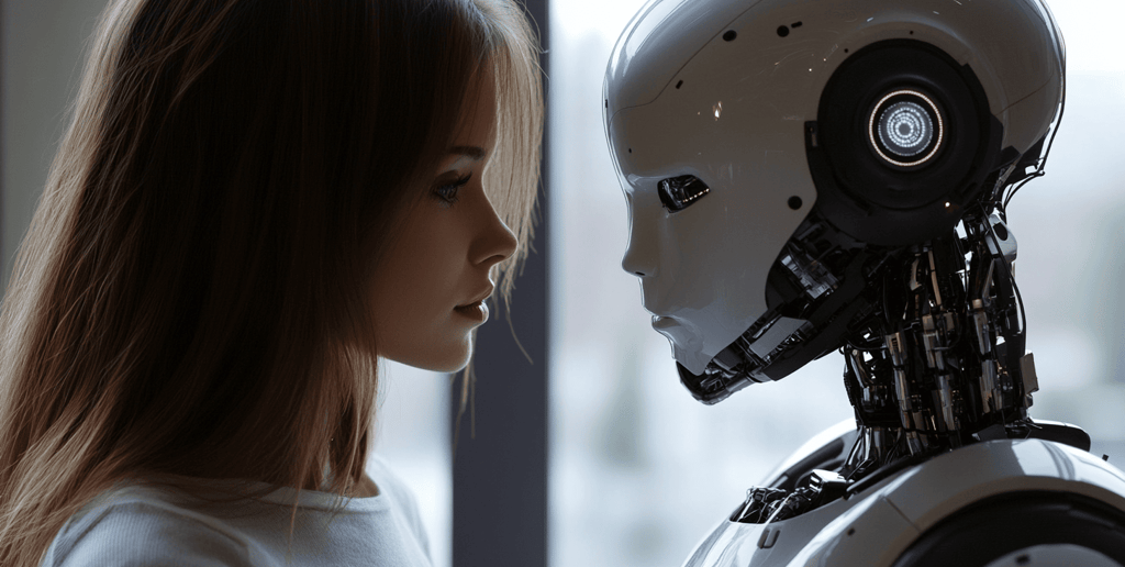 a woman in a white shirt is looking at a robot