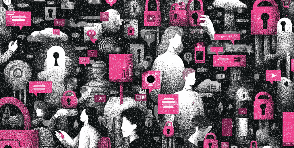 a woman in a pink dress is surrounded by many different types of locks and locks