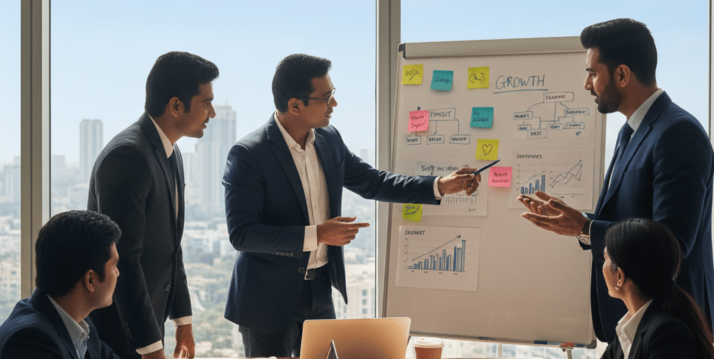 Business team in India discussing sales strategy and growth charts