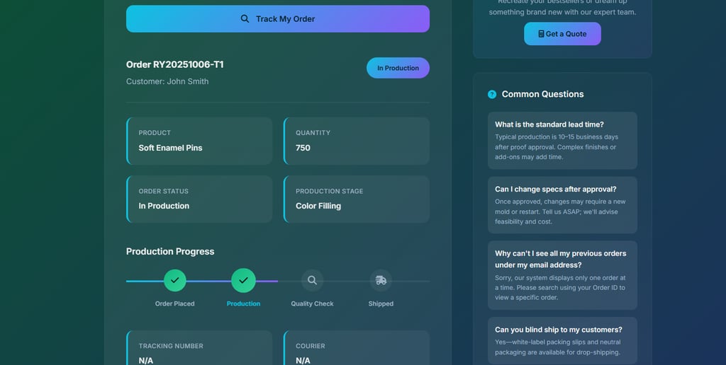 a dashboard of tracking order page