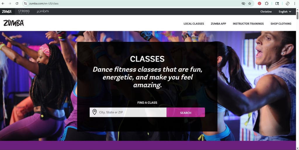 Screenshot of the Zumba website showing the class finder page to locate nearby Zumba classes