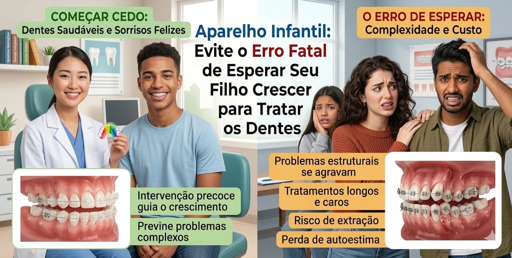 Dentista demonstra aparelho ortodôntico infantil para tratamento precoce e prevenção de problemas dentários em crianças.
