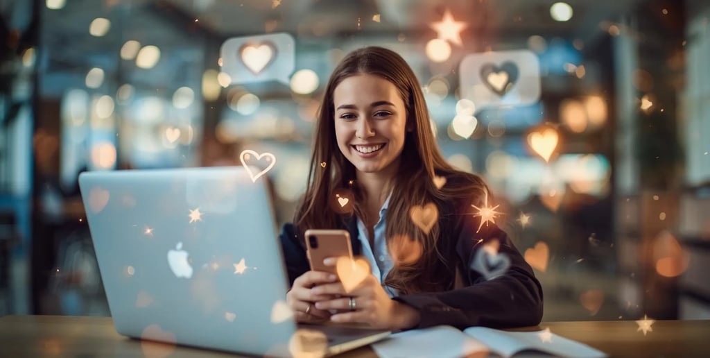 Nasmejana devojka koristi laptop i pametni telefon okružena digitalnim simbolima srca i zvezdica – p
