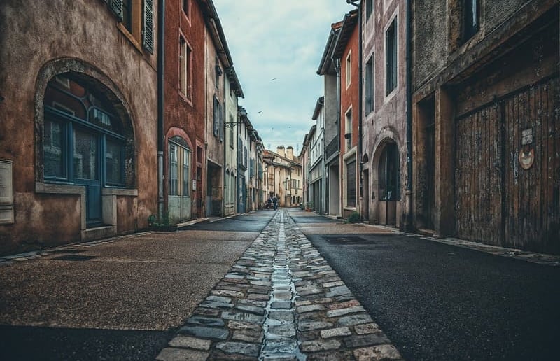 Historische, schmale Kopfsteinpflasterstraße in einem europäischen Dorf mit farbenfrohen