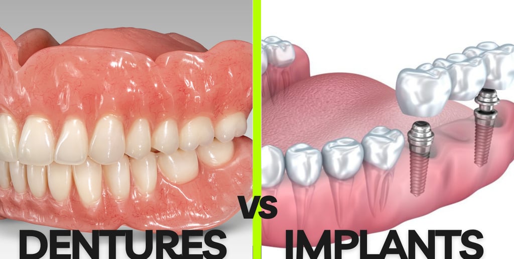 an image showing comparison between dentures and dental implants