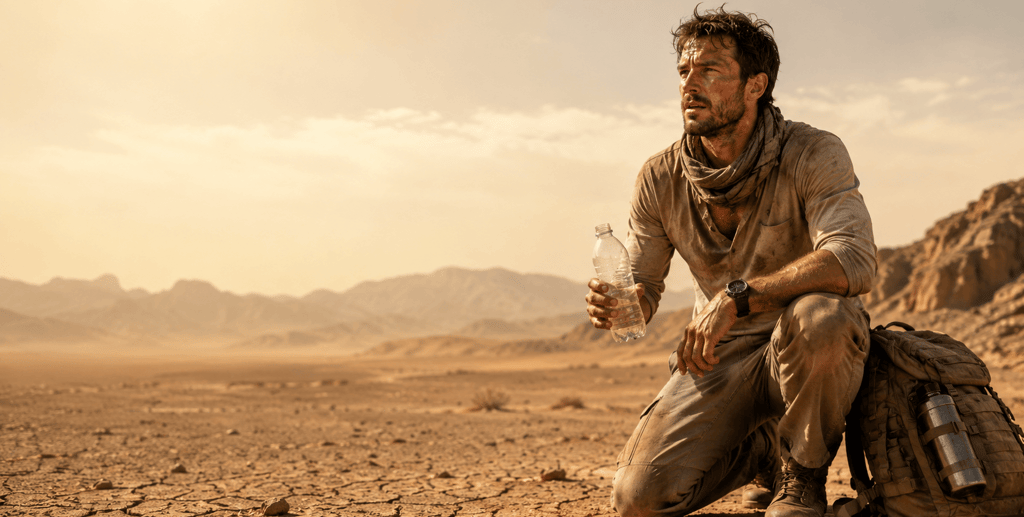 A thirsty traveler kneeling in a dry desert holding a water bottle with mountains in the background.
