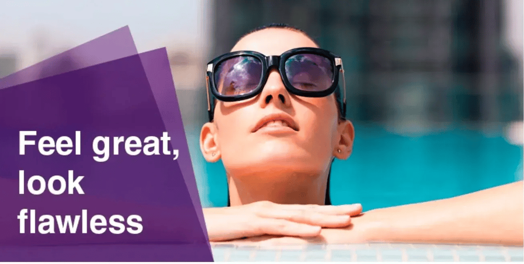 woman in pool, text 'feel great, look flawless'