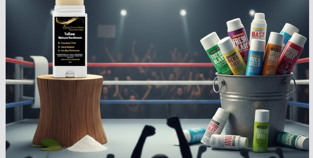 an image of back2naturalness tallow deodorant versus commercial deodorant