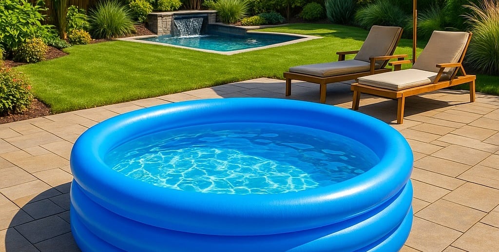 Piscina playground inflável em formato de arco-íris montada em quintal com gramado, ideal para crian