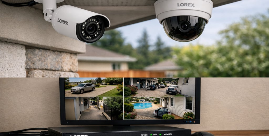 Lorex PoE outdoor bullet and dome security cameras mounted under house eaves with DVR and live four-camera monitor feed