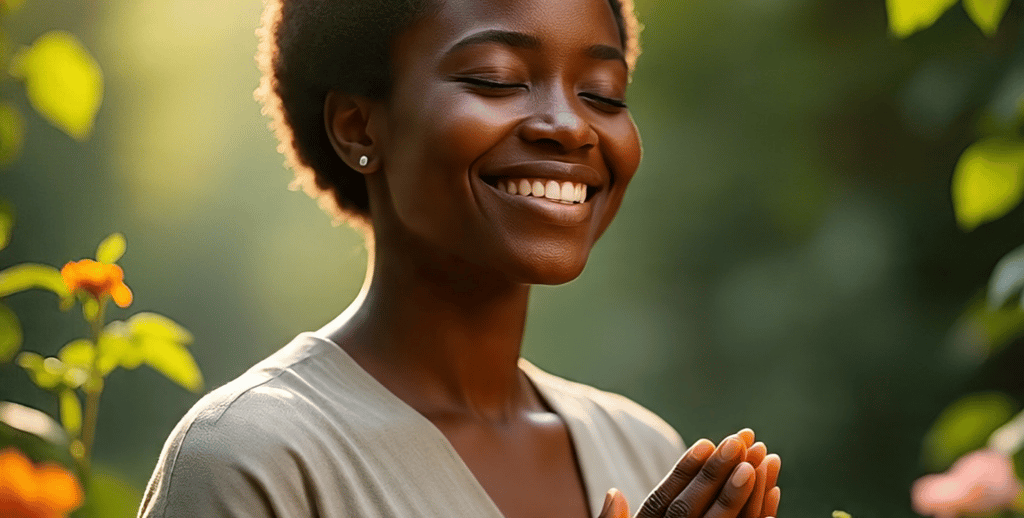 A smiling woman holding prayer hands, beaming with gratitude