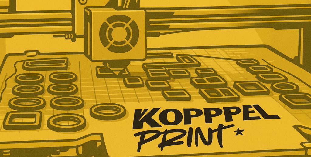 3D printer bezig met het maken van objecten en een printplaat met koppelprint erop