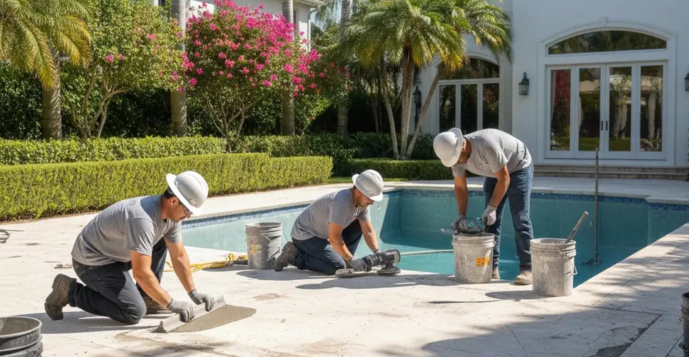 concrete contractors repairing a concrete pool deck in Coral Gables, Fl home