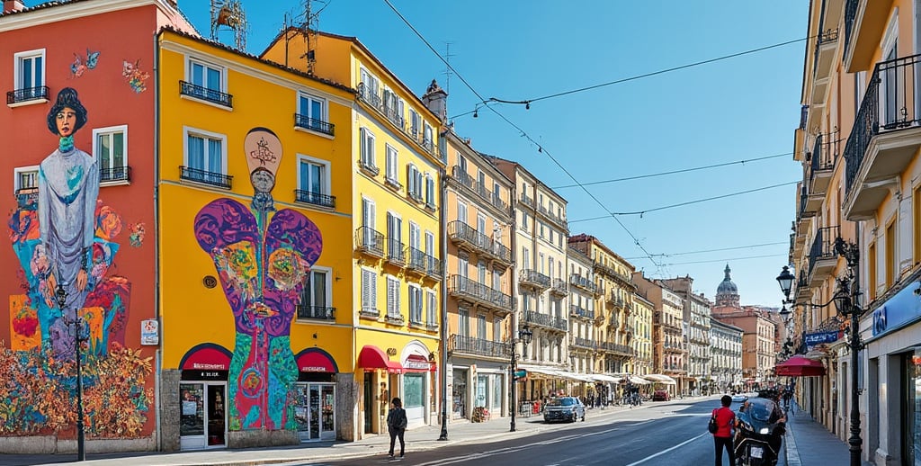a street scene with a person walking down the Nice street