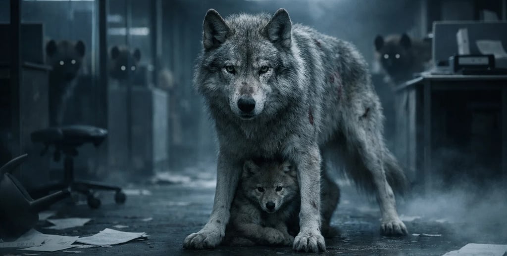 A gray wolf protects its cub in a dark, abandoned office building with hyenas looming in the shadows.