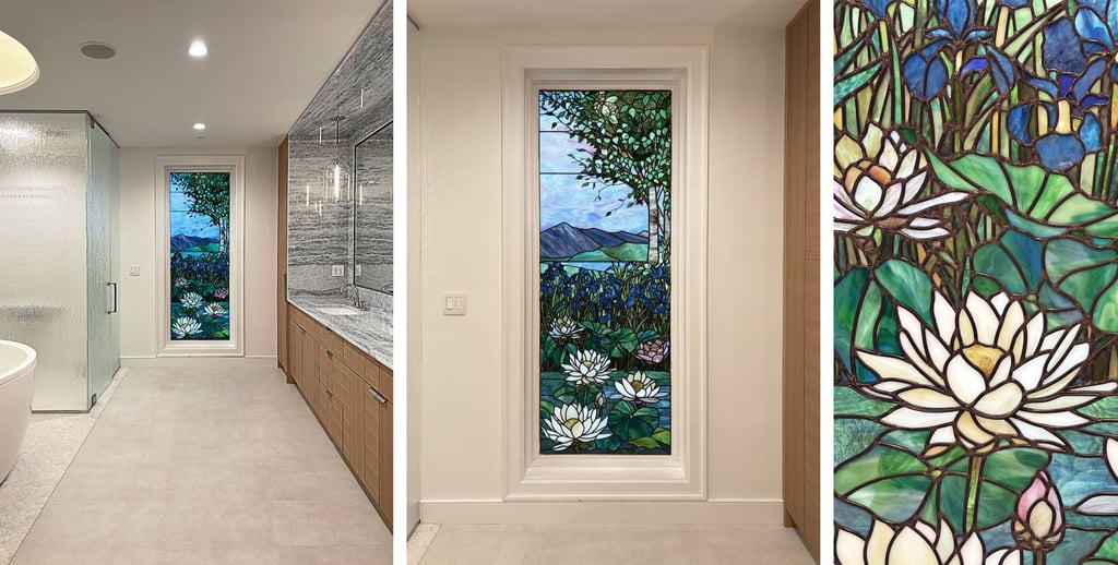 Luxury bathroom renovation with custom stained glass window — interior design detail by Erica Fossati Design Boston
