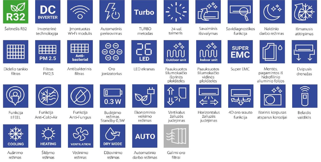 Sieniniai oro kondicionieriai AUX HALO funkcijos