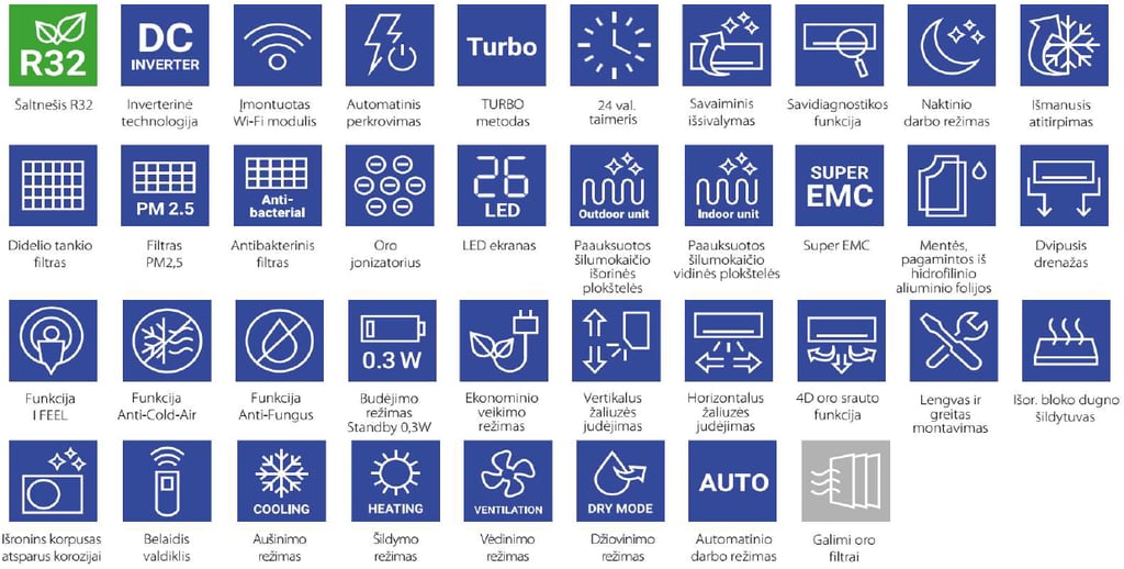 Sieniniai oro kondicionieriai AUX J-SMART funkcijos