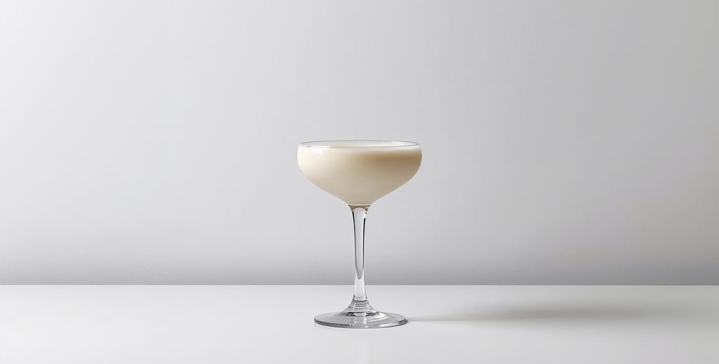 A coupe glass with a white, creamy drink against a soft neutral background.