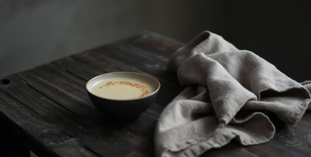 Minimalist winter food scene with a simple ceramic bowl of warm soup on a dark rustic wooden table