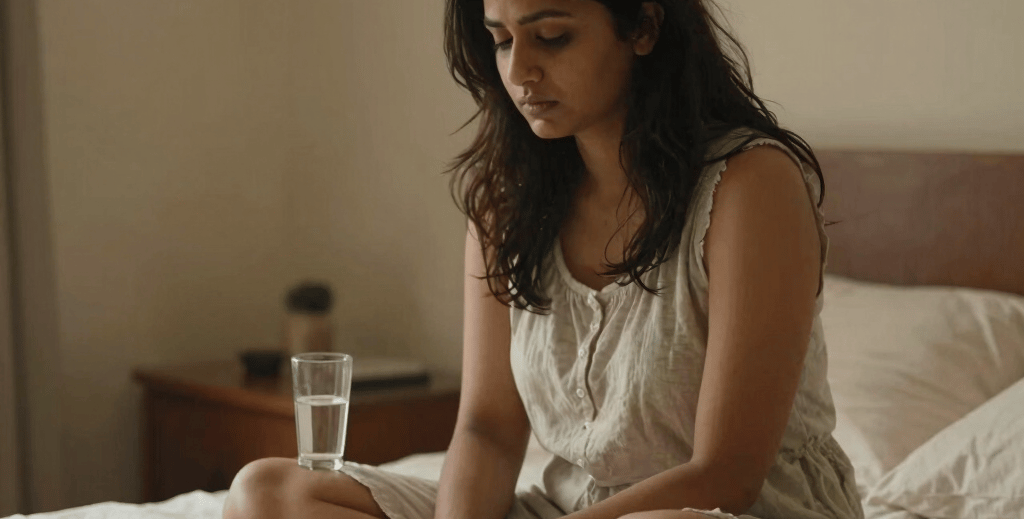 A South Asian woman sitting alone in quiet reflection — representing the moment a woman recognises t