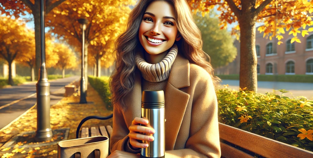 Mulher com seu copo térmico