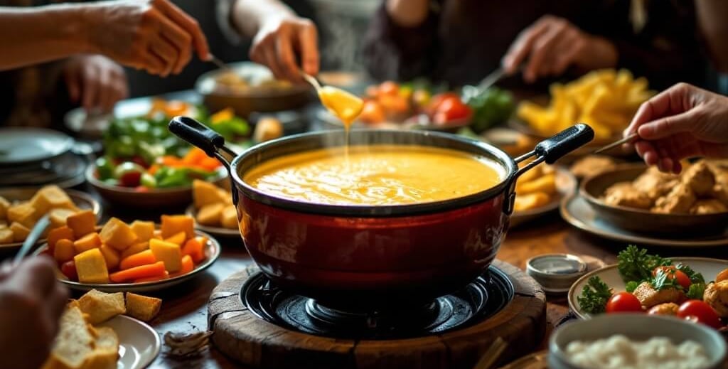 several people enjoying a pot of chicken fondue and assorted dippers