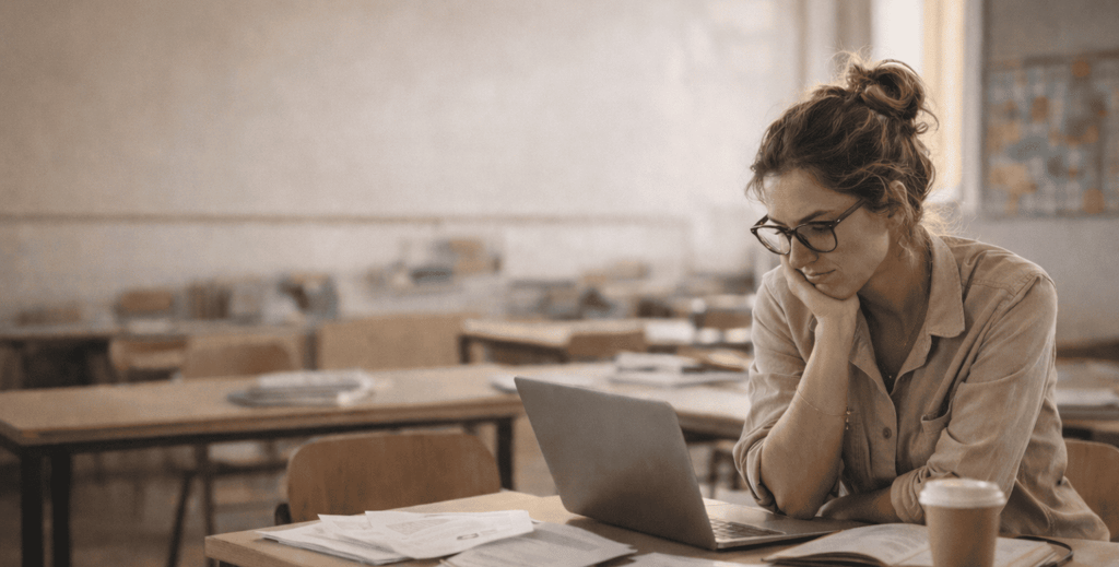 Tired teacher at her desk-png